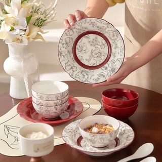 Bát cơm Bát gốm chịu nhiệt độ cao Đĩa đĩa Retro Hàn Quốc Đĩa ăn màu đỏ