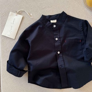 Áo sơ mi cotton sọc nguyên chất cho bé trai và bé gái màu trơn có túi áo sơ mi trắng giản dị