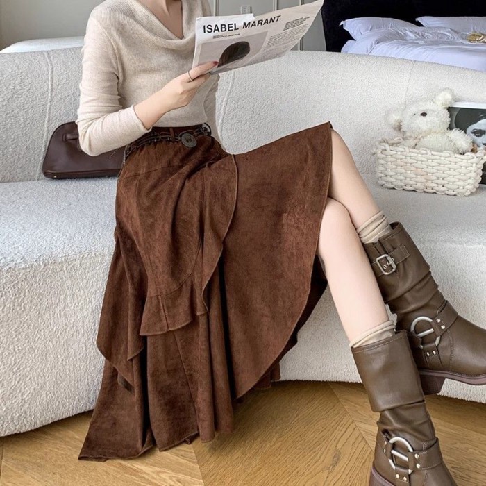Váy da hươu xếp nếp kiểu Pháp dành cho nữ mùa thu Váy phồng chữ A cạp cao không đều, dài vừa