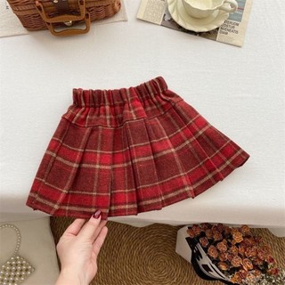 Váy bé gái váy kẻ sọc đỏ váy liền váy len xếp li