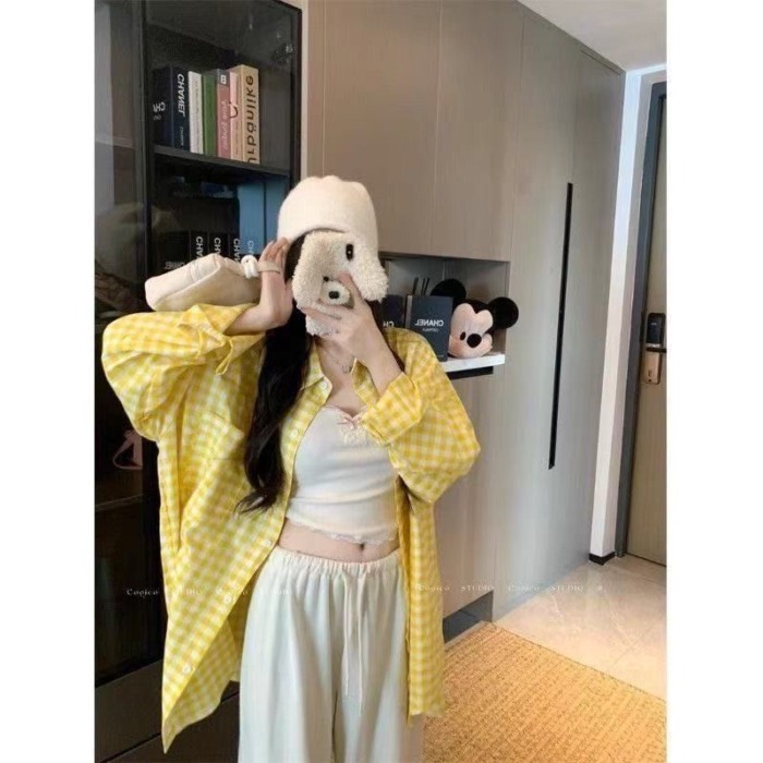 Áo sơ mi kẻ sọc dài tay màu vàng chống nắng giảm béo áo sơ mi nam nữ dáng rộng