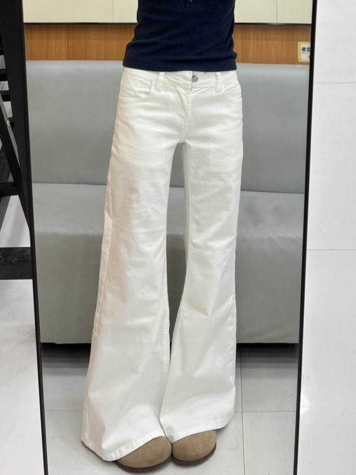 Quần jeans bootcut trắng cạp thấp của Mỹ dành cho nữ, phong cách mùa xuân mới, rộng rãi và linh