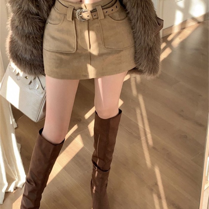 Da hoẵng Hot Girl Váy Váy ngắn Váy ngắn eo cao Giày bốt giảm béo