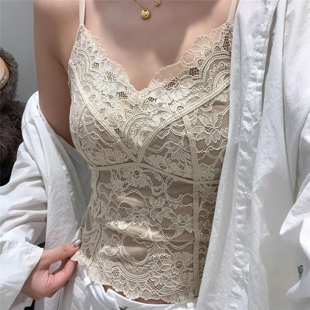 Camisole nữ ren Pháp có miếng lót ngực, dáng ôm, phù hợp mùa thu, thích hợp mặc cả bên trong lẫn bên ngoài.