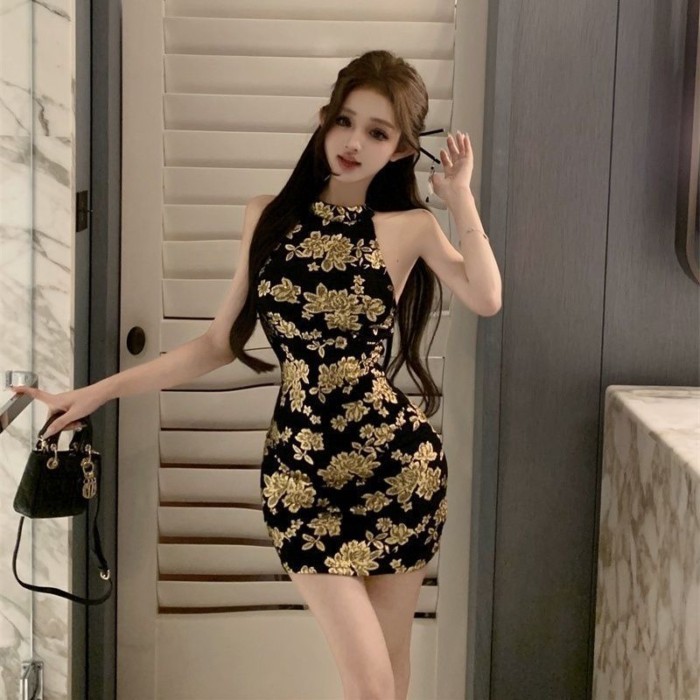 Váy màu đen bronzing váy bó sát của Trung Quốc mỏng hở lưng sườn xám mới của Trung Quốc