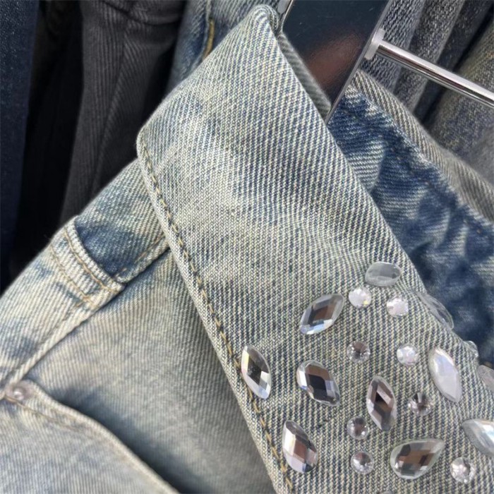 Váy thiết kế ve áo wash của Mỹ thích hợp thêu kim cương màu xanh nhạt Váy ngắn chữ A denim dà