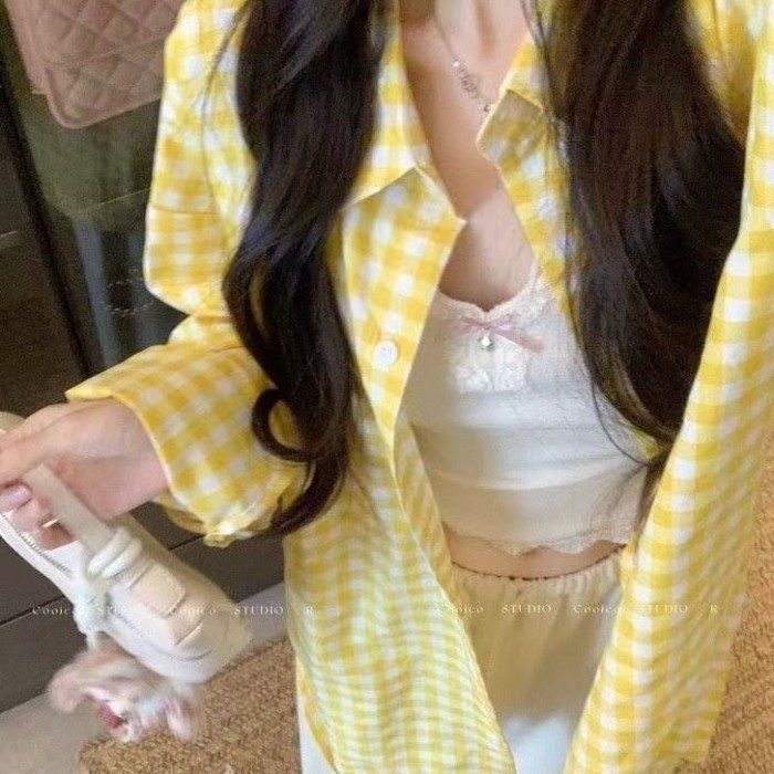 Áo sơ mi kẻ sọc dài tay màu vàng chống nắng giảm béo áo sơ mi nam nữ dáng rộng