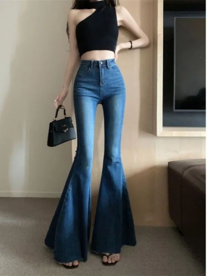 Quần jean ống loe cỡ lớn đường phố cao cấp của Mỹ dành cho nữ, quần ống rộng đuôi cá dáng ôm