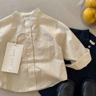 Áo sơ mi cotton sọc nguyên chất cho bé trai và bé gái màu trơn có túi áo sơ mi trắng giản dị