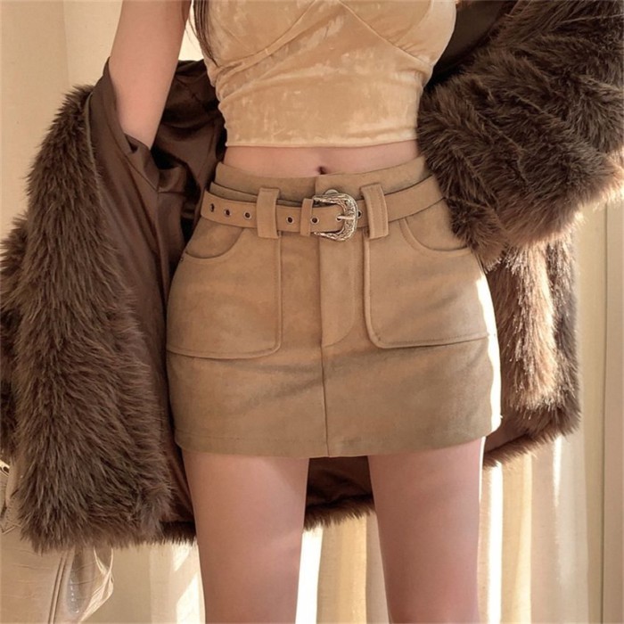 Da hoẵng Hot Girl Váy Váy ngắn Váy ngắn eo cao Giày bốt giảm béo