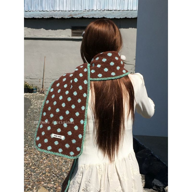 Khăn choàng dệt kim dày phong cách Nhật Bản cổ điển đen trắng chấm bi, bảo vệ cổ vào thu đông