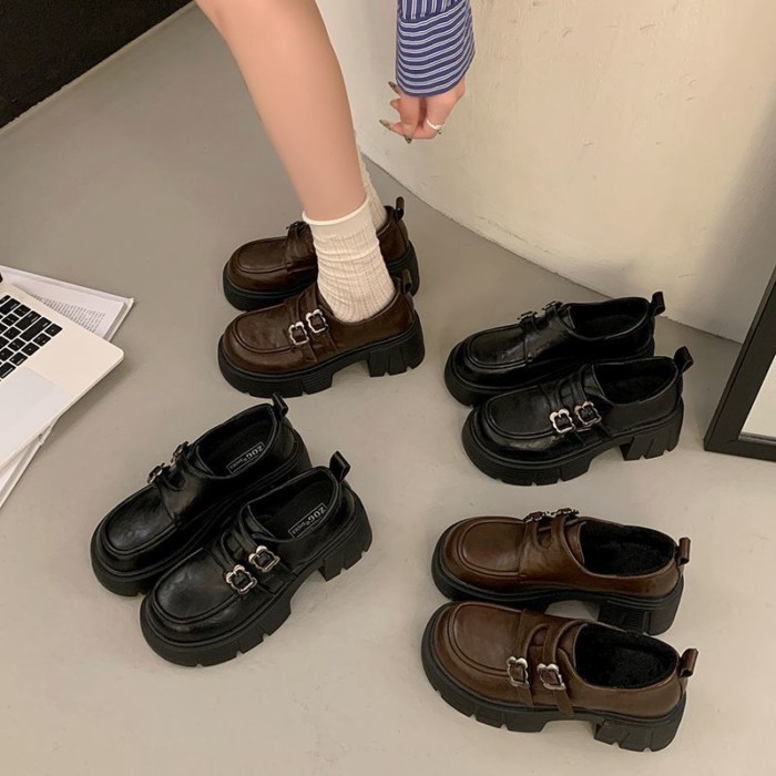 Giày da nhỏ đế dày, giày lười nữ, gót dày, gót cao, giày Mary Jane