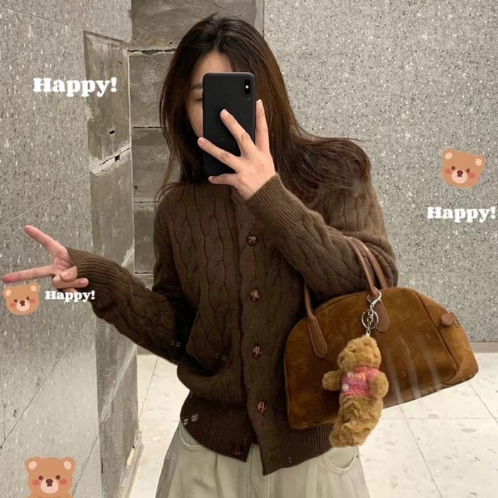 Áo len xoắn áo khoác cardigan xuân thu phong cách Hàn Quốc lười biếng dài tay áo len cổ tròn