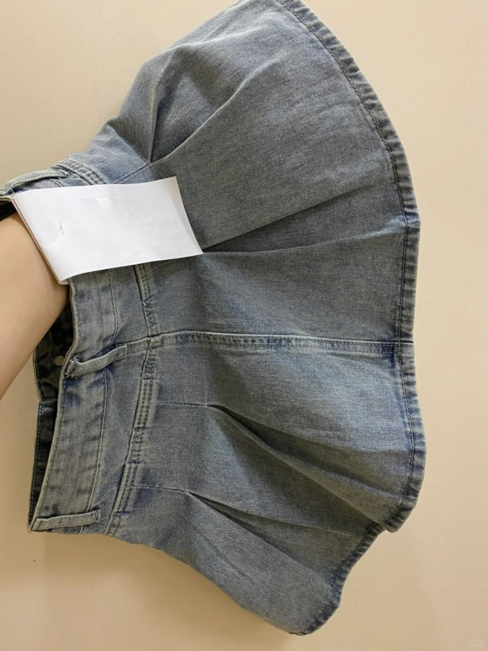 Váy denim cổ điển cỡ lớn mùa hè mới chống lộ thiết kế eo cao váy xếp ly giảm béo