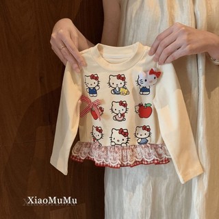 Áo thun dài tay bé gái áo bé gái hoạt hình cổ tròn nối ren áo đáy quần