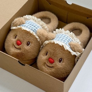 Bước lên Shit Feel Cotton Dép Nữ Gấu Dễ Thương Thu Đông Nhà Sang Trọng Ấm Áp Đế Dày Sinh Viên Bông Dép Nữ Mặc Ngoài