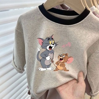 Áo thun dài tay cotton nguyên chất cho bé gái và bé trai Áo thun in hình Tom Jerry đáy quần