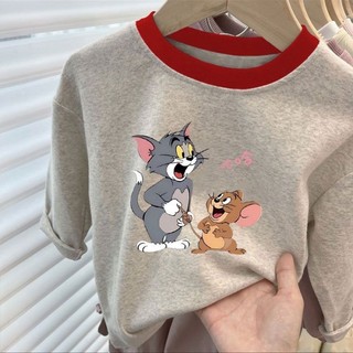 Áo thun dài tay cotton nguyên chất cho bé gái và bé trai Áo thun in hình Tom Jerry đáy quần