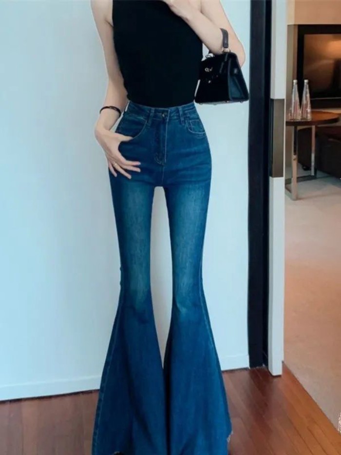 Quần jean ống loe cỡ lớn đường phố cao cấp của Mỹ dành cho nữ, quần ống rộng đuôi cá dáng ôm