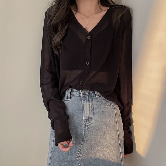 Áo cardigan chống nắng bằng lụa băng cho nữ mỏng xuân hè với váy dây và áo sơ mi dài tay điều hòa d