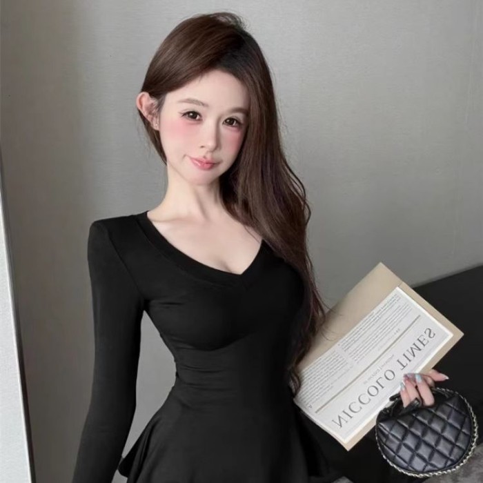 Đầu thu ngọt ngào hot girl màu cà phê cổ chữ V thon gọn áo sơ mi nữ có eo thon dài tay áo và áo trễ