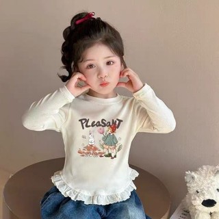 Áo thun dài tay bé gái phối ren cổ tròn viền đáy