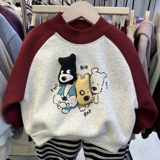 Áo len nhung trẻ em cổ tròn giản dị hoạt hình búp bê bé trai và bé gái áo dày