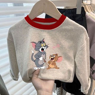 Áo thun dài tay cotton nguyên chất cho bé gái và bé trai Áo thun in hình Tom Jerry đáy quần