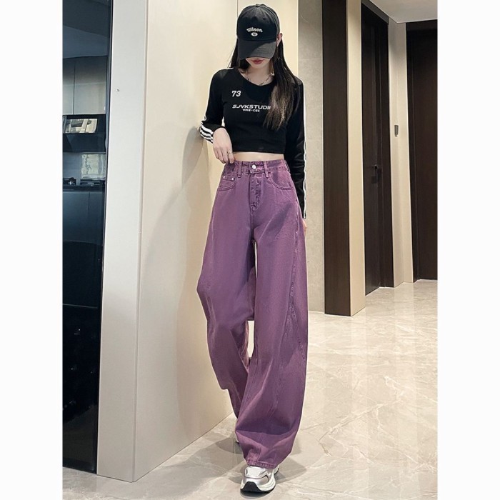 Size Lớn Quần Jean Tím Mùa Xuân Mới Ống Rộng Cao Cấp Giảm Béo Quần Ống Rộng