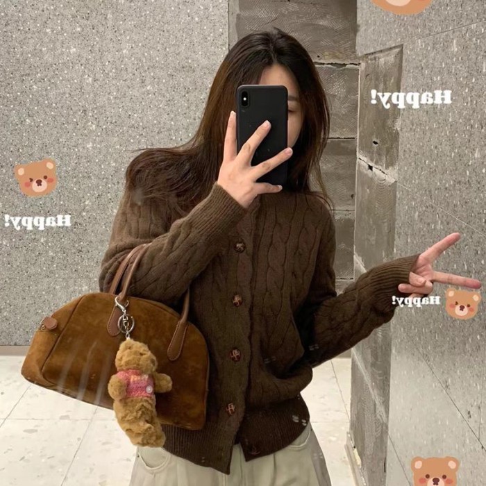 Áo len xoắn áo khoác cardigan xuân thu phong cách Hàn Quốc lười biếng dài tay áo len cổ tròn