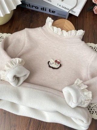 Áo thun nhung cổ lọ phối ren nửa trong một cho bé gái cộng với áo giữ nhiệt bên trong nhung dành ch