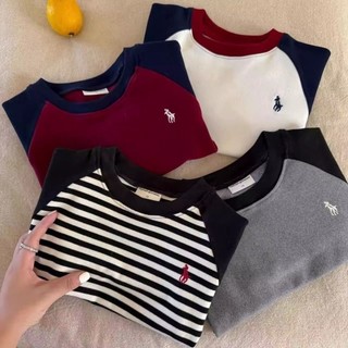 Áo thun nhung đáy nhung Đức dài tay màu tương phản cho bé trai Áo thun sọc tay raglan cho bé gái