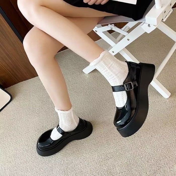 Giày da nhỏ JK mũi tròn đế dày dành cho nữ đi học Giày đế bệt mũi to Mary Jane cao cấp