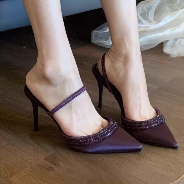 Giày sandal một dây bằng lụa màu tím đính đá Baotou nông dành cho nữ Giày cao gót nhọn mũi nhọn dàn