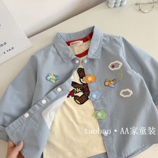 Áo Sơ Mi Bé Trai Cotton Nguyên Chất Hoạt Hình Top Bé Gái Áo Dài Tay Phong Cách Áo Sơ Mi Thêu