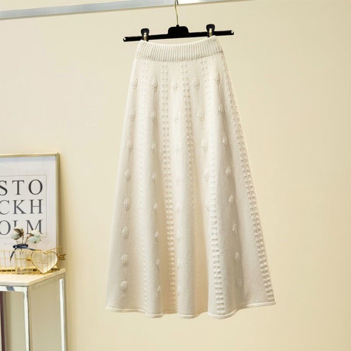 Váy dệt kim viền lớn lưng cao dành cho nữ thời trang thu đông dài vừa phải vải len jacquard k