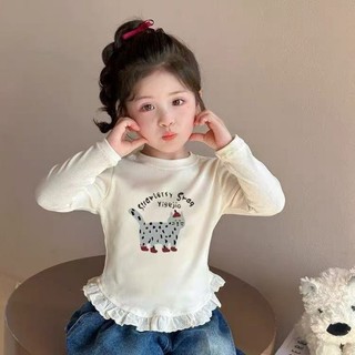 Áo thun dài tay bé gái phối ren cổ tròn viền đáy