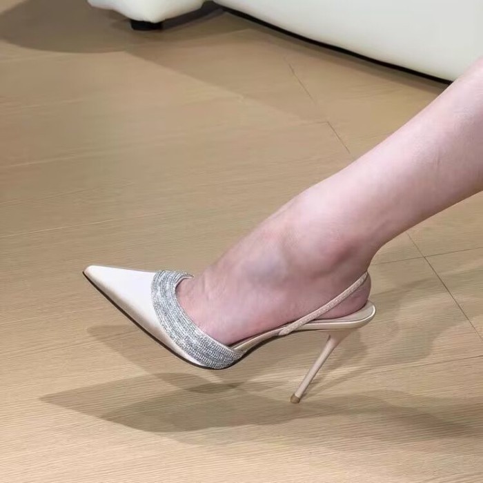 Giày sandal một dây bằng lụa màu tím đính đá Baotou nông dành cho nữ Giày cao gót nhọn mũi nhọn dàn