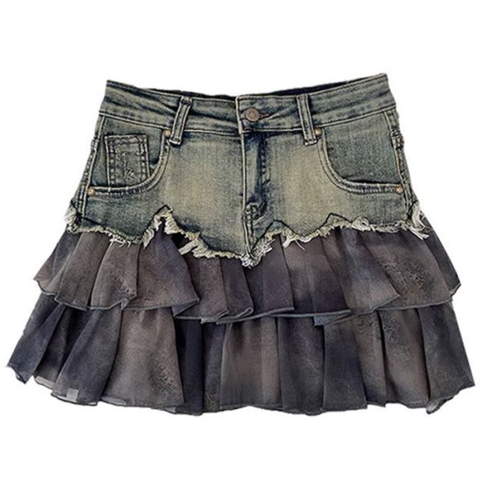 Chân váy denim nữ mùa hè viền thô không đều, lưng cao, chân váy chữ A thon gọn và ôm hông