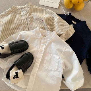 Áo sơ mi cotton sọc nguyên chất cho bé trai và bé gái màu trơn có túi áo sơ mi trắng giản dị