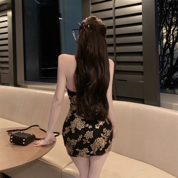 Váy màu đen bronzing váy bó sát của Trung Quốc mỏng hở lưng sườn xám mới của Trung Quốc