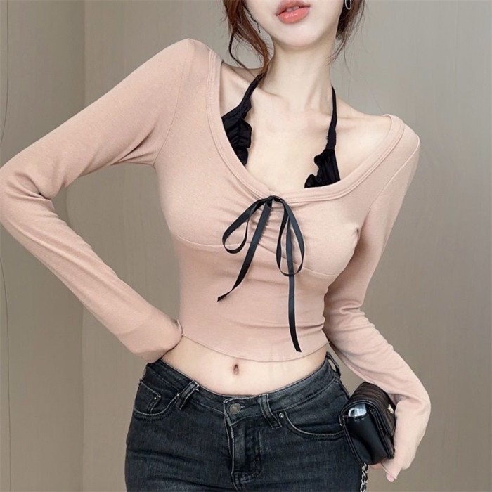 Nguyên Chất Desire Hot Girl Tay Dài Dây Áo Thun Nữ Ren Nối Slim Fit Ngắn Giả 2 Đầu