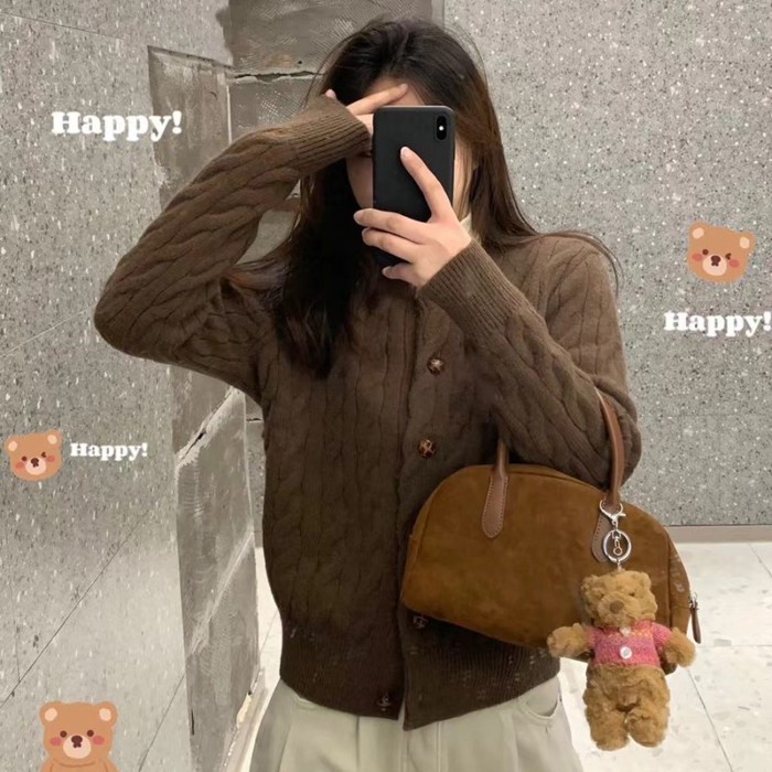 Áo len xoắn áo khoác cardigan xuân thu phong cách Hàn Quốc lười biếng dài tay áo len cổ tròn