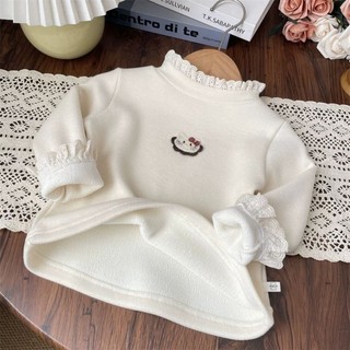 Áo thun nhung cổ lọ phối ren nửa trong một cho bé gái cộng với áo giữ nhiệt bên trong nhung dành ch