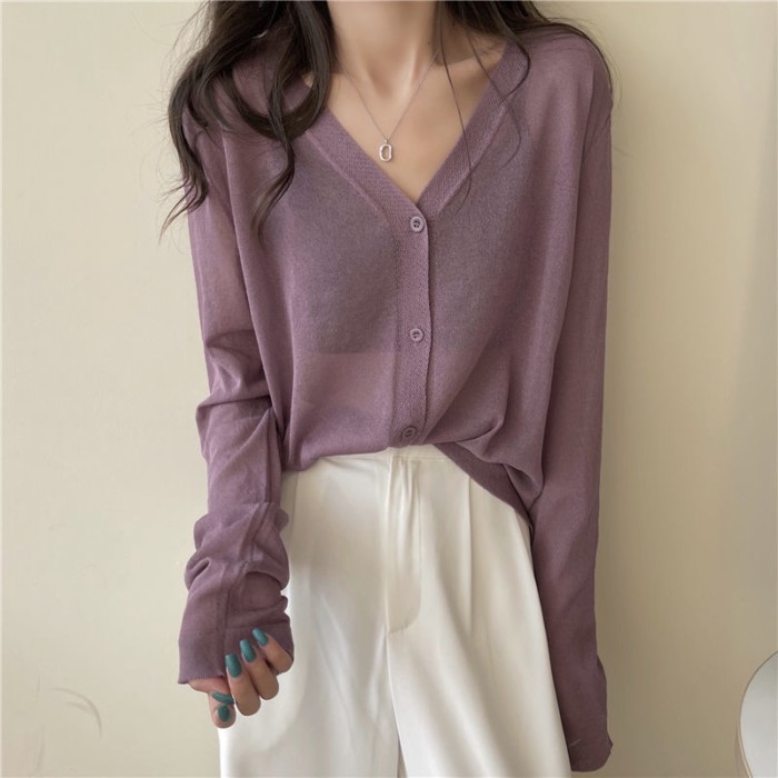 Áo cardigan chống nắng bằng lụa băng cho nữ mỏng xuân hè với váy dây và áo sơ mi dài tay điều hòa d