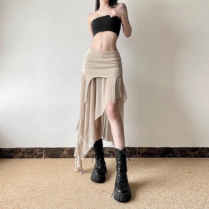 Váy xẻ mỏng không đều nữ cạp cao lộ rốn váy ôm vừa vặn đa năng
