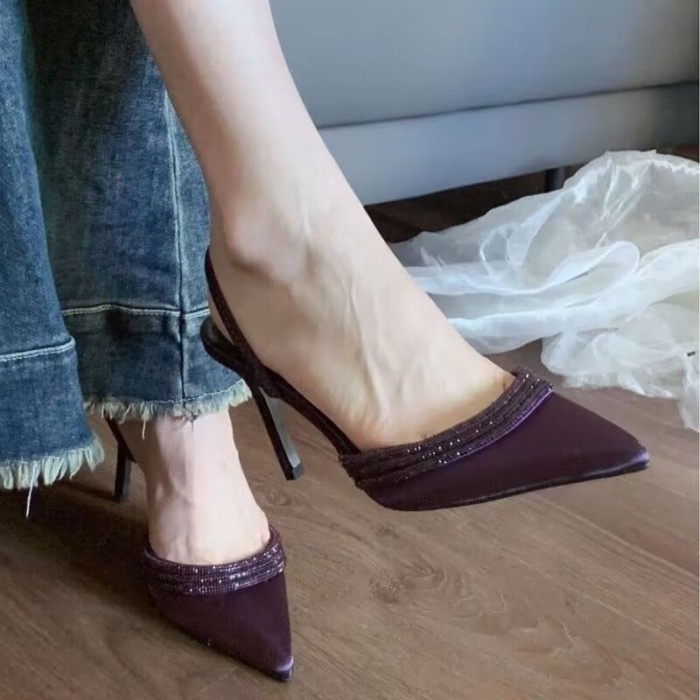 Giày sandal một dây bằng lụa màu tím đính đá Baotou nông dành cho nữ Giày cao gót nhọn mũi nhọn dàn