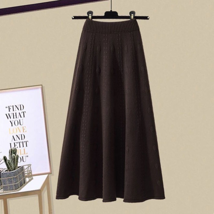 Váy dệt kim viền lớn lưng cao dành cho nữ thời trang thu đông dài vừa phải vải len jacquard k