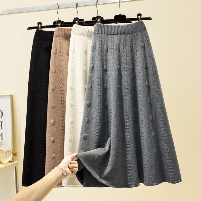 Váy dệt kim viền lớn lưng cao dành cho nữ thời trang thu đông dài vừa phải vải len jacquard k