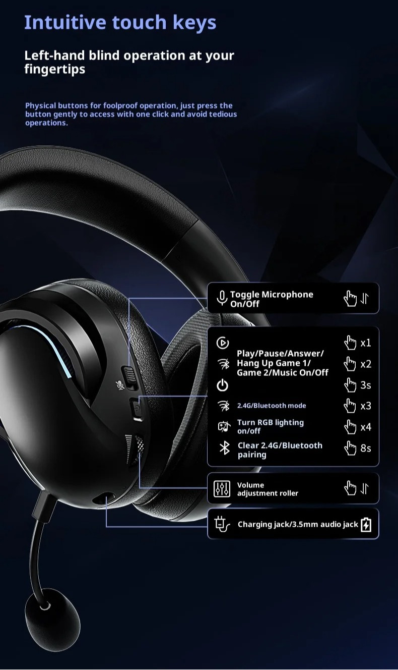 AULA A7 Pro Esports Headphones Wireless Four Mode 1500mAh Battery RGB ...